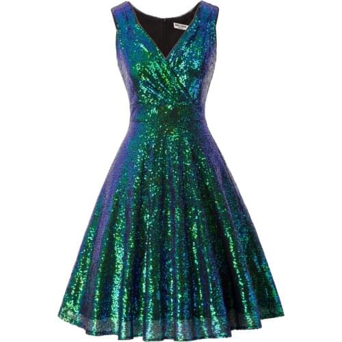Summer Womens Dresses Fashion Sparkling Sequins Sequined Dress Sleeveless V-Neck Flared A-Line Party Dresses Lady Solid Knee