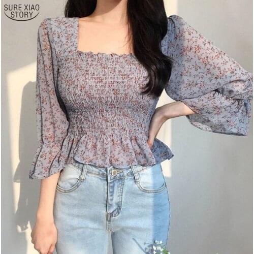 Casual Flare Sleeve Pleated Chiffon Shirt Women 2021 Blusas Mujer Autumn Korean Square Collar Floral Women Blouse Backless 10280