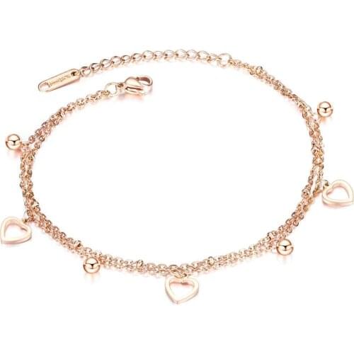 Rose gold Hollow heart anklets for women 2020 fashion Double layer stainless steel chain summer beach accessories jewelry gifts