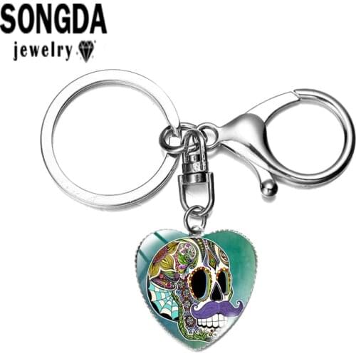 SONGDA Fancy Sugar Skull Day of the Dead Pattern Keychain Handmade Glass Convex Unique Heart Alloy Keyring Backpack Car Jewelry