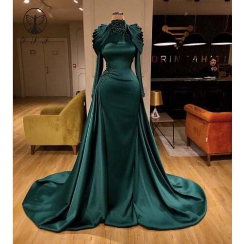 Formal Evening Dresses Dark Green High Collar Beaded Pearls Long Sleeve Sheath Evening Dresses with Overskirt