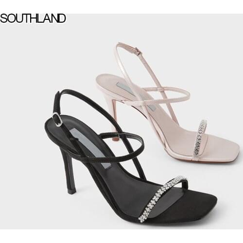 SOUTHLAND 2021 Spring New Ladies rhinestone decoration Square head high heel Sexy sandals