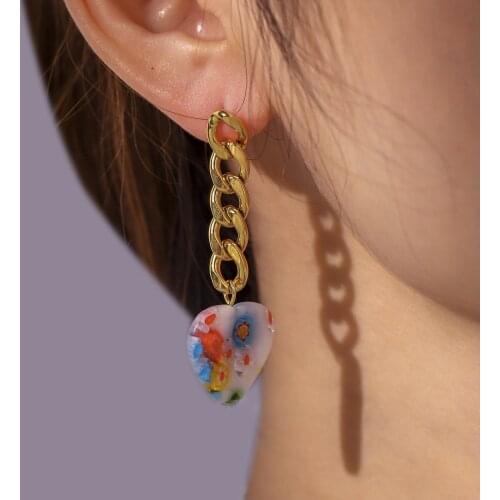 Ethnic Style Colored Flower Heart Glass Earrings for Women Titanium Steel Gold-plated Chain Pendant Drop Earrings Jewelry Gifts