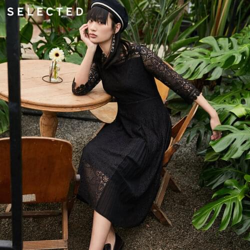SELECTED Womens Lace Hollow Pleated Slim Five-point Sleeve Dress S|42012J509