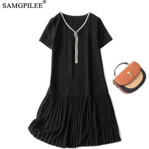 2021 New Office Lady A-line Solid Short Sleeve Tassel Knee-length Empire V-neck Fringed Korean Style Pleated Loose Dresses 5XL