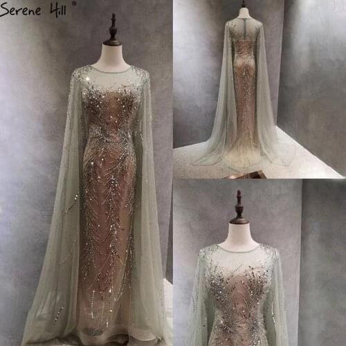 Serene Hill Mint Green Cape Sleeves Evening Dress 2021 Mermaid Luxury Beads Women Formal Party Wear Gown CLA70825