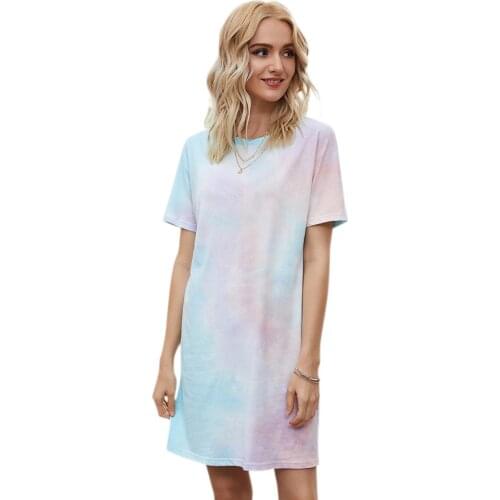 2021 Women Capucines Tie-dye Casual Loose Summer Dress Round Neck Short Sleeve Straight Gradient Beach Mini Dresses Plus Size