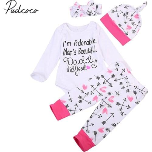 Pudcoco Newborn Baby Girl Cotton Alphabet Print Long Sleeve Top Jumpsuit+Pants+Hat+Bow Turban 4Pcs Spring Autumn Clothing Set