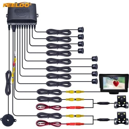 FEELDO 1Set Car 4.3" LCD Monitor 8-Sensor Parking Sensor 2x 4-LED Camera Dual Visual Rearview Video Parking System #1779