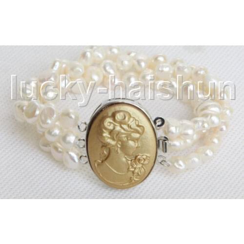 JQHS Baroque 8" 3row 8mm white freshwater pearls Beaded Strand bracelet j11454