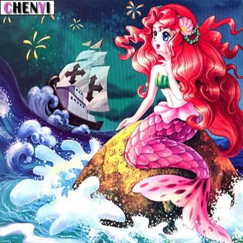 CHENYI 5D Diy Diamond Painting Mermaid Cross Stitch Kit Mosaic Diamond Embroidery Sailboat Needlework Rhinestone Decor Home Gift
