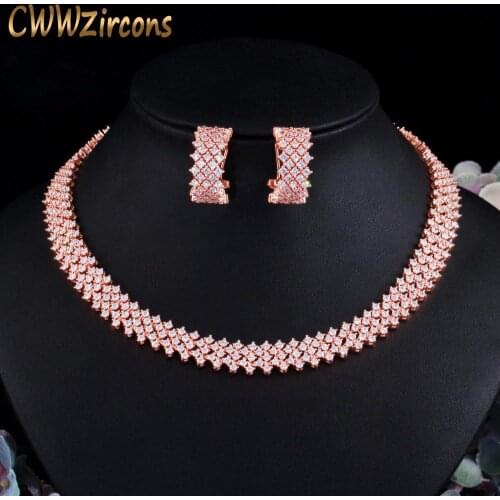 CWWZircons 5 Layers Gorgeous Cubic Zirconia Paved Rose Gold Color Women Round Big Necklace Earrings Jewelry Sets for Party T490