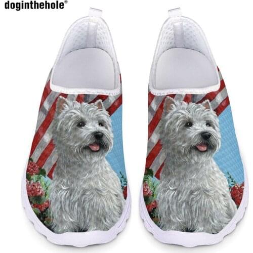 Doginthehole Cute Dog Print Flats Womens Shoes White Terrier Pattern Girls Light Mesh Summer Sneakers Breathable Beach Loafers