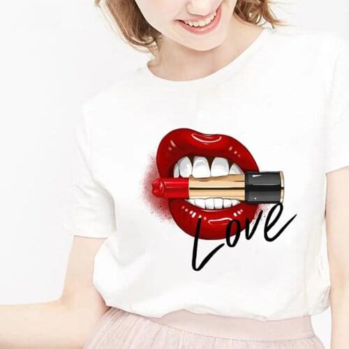 Lipstick Lips Personality Printing T Shirt Women Short Sleeve Tops Women O-neck Loose Tee Shirt Femme White Shirt Tops