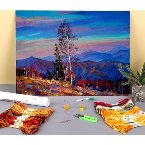 Landscape Autumn Evening Printed Water-Soluble Canvas 11CT Cross Stitch Embroidery Full Kit DMC Threads Sewing Adults