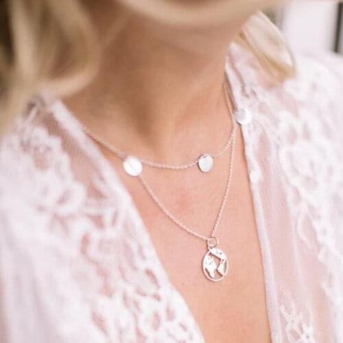 HuaTang Vintage Multilayer Silver Color Map Pendant Necklace Coin Sequin Alloy Chains Necklaces for Women Girls Party Jewelry