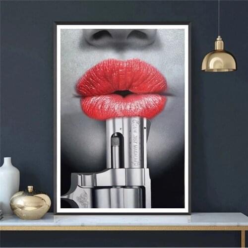 Sexy Woman Lips with Gun Posters and Prints Canvas Painting Wall Art Modern Pictures for Living Room Home Decoration Cuadros