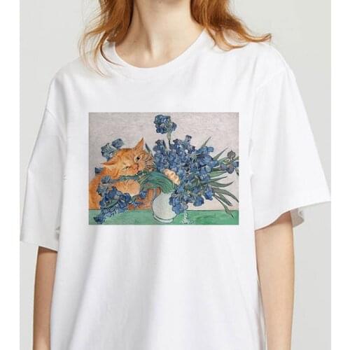 Oil paintings of cat Printed Tshirts Casual Tops Tee 2021 Summer Women T-shirt Harajuku 90s Vintage White tshirt