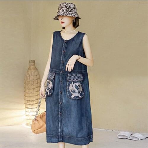 Summer Denim Embroidery Tank Dress 2020 Vintage Dresses O-Neck Sleeveless Single Breasted Sundress Q82203 Vintage Loose Vestidos