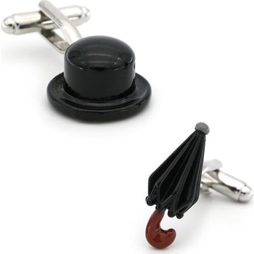 Fashion Mens Chaplin Hat & Umbrella Cuff Links Copper Material Black Color