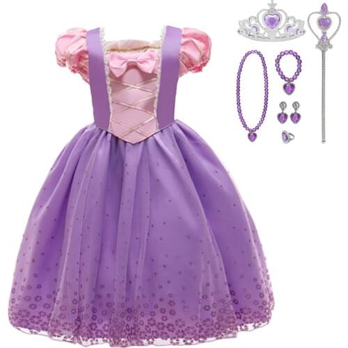 Fancy Sofia Princess Dress for Girls 2020 Short Sleeve Cotton Print Clothes Gloves Wig Necklace Ceremonial Performance Costume