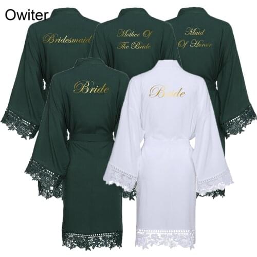 Owiter 2019 New Dark Green Cotton Kimono Bride Bridesmaid Robes w/ Lace Trim Women Wedding Bridal Robe Bathrobe Sleepwear White
