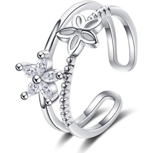 New Top Quality Silver 925 Girl Finger Ring Accessories Female Exquisite Crystal Flower Ring For Women Jewelry Adjustable Bijou