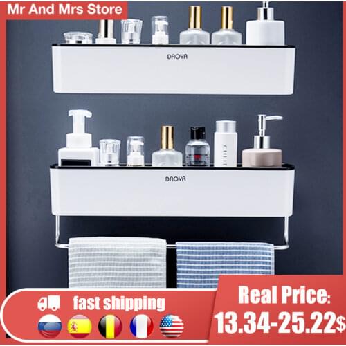 Wall Mounted Bathroom Shelf Shampoo Shower Shelves Holder Kitchen Storage Rack Organizer Towel Bar Bath Accessories