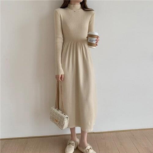Striped Knitted Sweater Dress Women Half Turtleneck Autumn Winter Long Midi Dress A-Line Vintage Casual Loose Warm Party X931