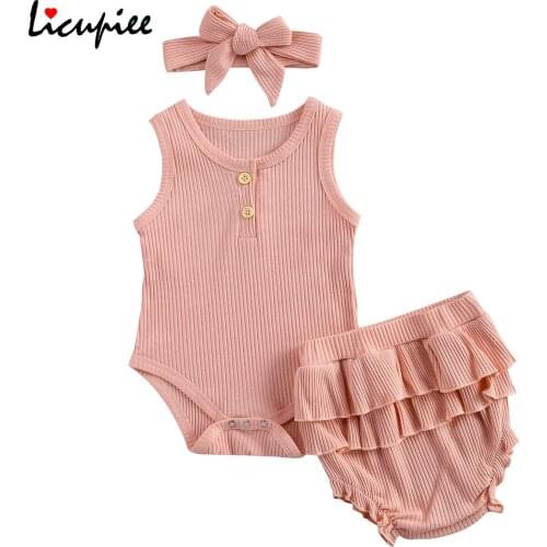 0-24 Months Solid Three Piece Baby Girls Clothes Fresh Solid Color Sleeveless Jumpsuit and Ruffles Short Pants Headband