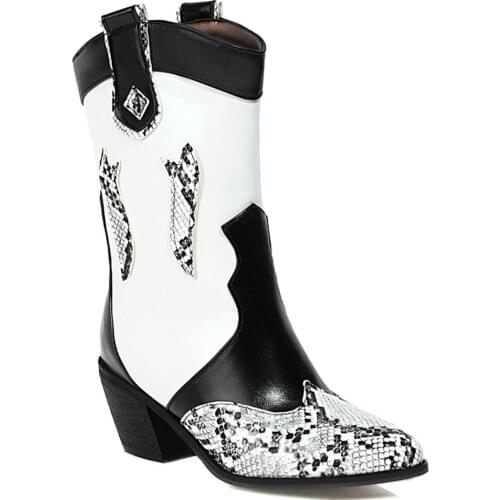 Snake Print Color Matching Mid-Calf Boots Wedge Heel Short Tube Fashion All-Match Casual Womens Boots Snake Print Embossed Shoe