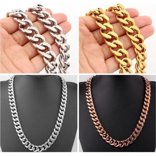 Neck Heavy Cuban Link Chain For Men Big Long Necklaces Male Gold Silver Color Hiphop 15mm Stainless Steel Collares Wholesale