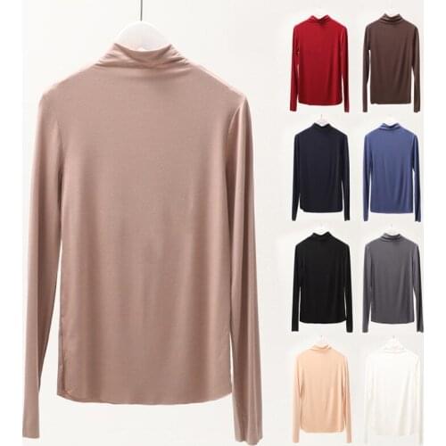 Modal Womens Base Shirt Autumn Winter Long-Sleeved High Elasticity Half-Height Collar Slim Tops Daily All-Match Simple T-Shirt