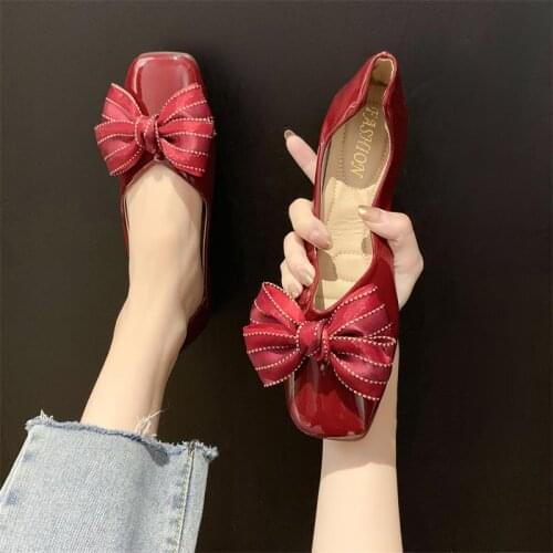 Womens 2020 new womens shoes autumn wild square head flat bottom shoes pointed bow bow peas shoes scoop shoes
