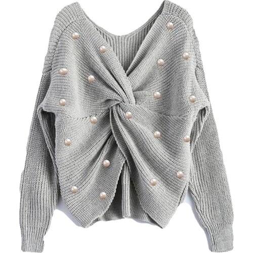 2021 Womens Pullover Sexy Deep V-neck Loose Womens Sweater Long Sleeve with Plastic Pearl Irregular Open Back Knit Pullover