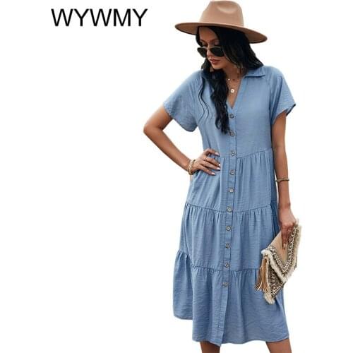 WYWMY Summer Elegant Single-breasted Solid Dress Women V-neck Short Sleeve High Waist Long Dress Casual Fashion Ladies Dress