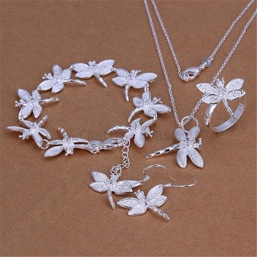 Silver 925 Jewelry Set for Women Dragonfly Necklace Bracelet Earrings Rings 4 Pcs Costume Jewelry Sets Wedding Decorations