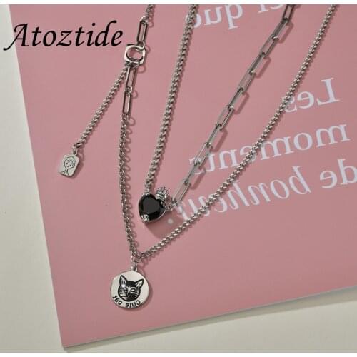 Atoztide New Cute Double Layer Boy Cat Black Zircon Chain Necklace Stainless Steel For Women Simple Fassion Jewelry Gift