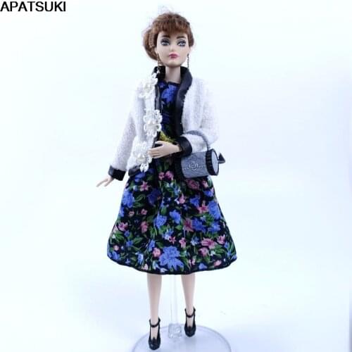 White Coat & Royalblue Countryside Floral Dress For Barbie Doll Outfits Handmade Clothes Set for 1/6 Dolls Accessories