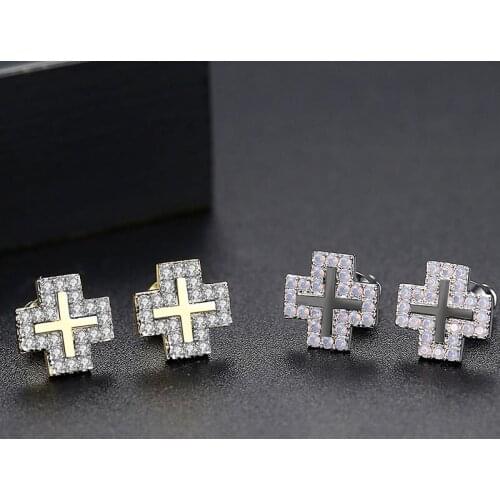 Funmode Cross Shape Shiny Cubic Zirconia Pave Gold Color Stud Earrings For Men Jewelry brincos Wholesale FE216