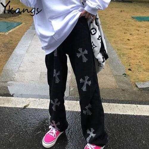 Casual Print Harajuku Korean Style Baggy Pants Women Streetwear Straight Hip Hop Trousers Female Loose Elastic High Waist Pants
