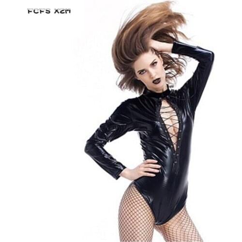 Black Sexy Lingerie Leather Female Pole dancing uniform Cosplay woman Halloween Costume Carnival Nightclub dance Bar party dress