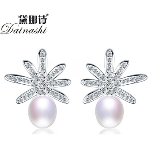Dainashi 925 Sterling Silver Zircon Daisy Earrings New Arrival 100% Genuine Natural Freshwater Pearl Earrings for Women