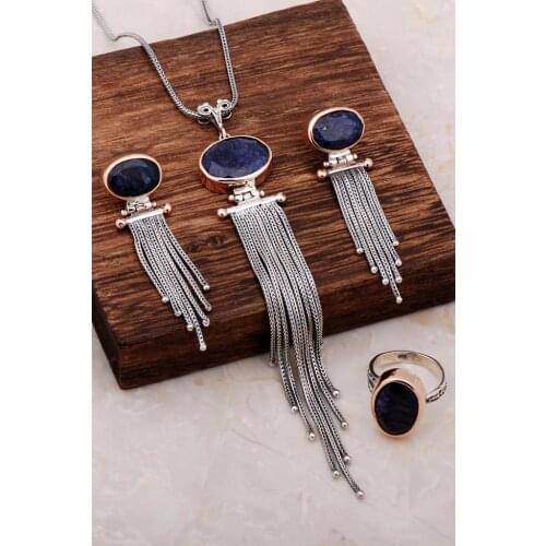 Sapphire Zircon Design Long Chain Silver Set 2039Hand Made Silver Jewellery Set