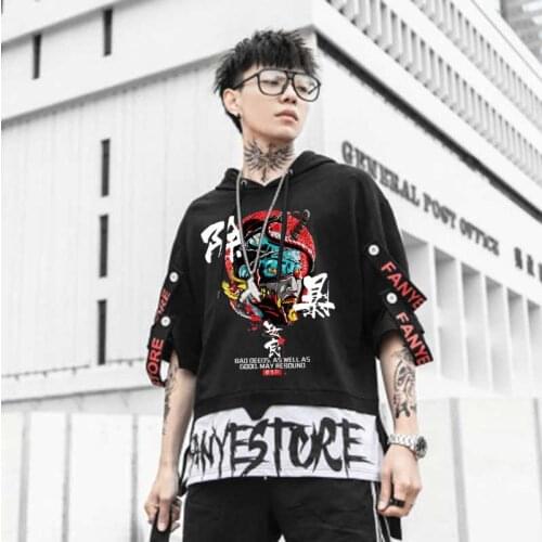 Bad Deeds Ribbon T Shirts men Chinese style Oversize Hooded top tee Short Sleeve Streetwear tshirts wholesale Casual men clothes