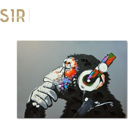 Large Animal Picture Canvas Printed Painting Modern Funny Thinking Monkey with Headphone Wall Art Poster for Living Room Decor