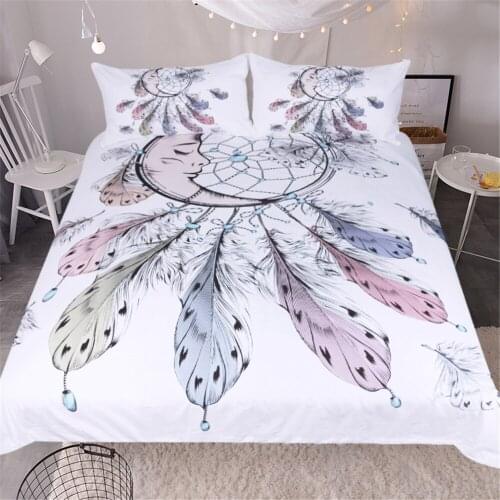 Bedding Set Moon Dreamcatcher Bedding Set Queen Size Feathers Duvet Cover White Bed Set Beautiful Bedclothes 3pcs