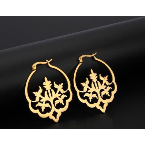 Myshape Tree of Life Women Lotus Flower Round Hoop Earrings Stainless Steel Minimalist Cut Out Gold Color Jewelry Dangle Earring