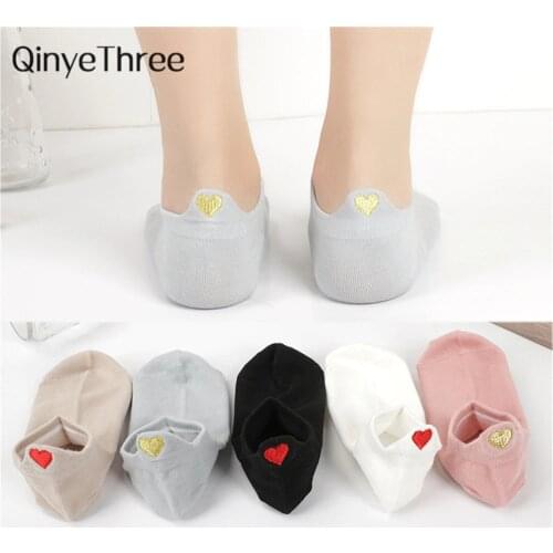 Cute Embroidery Love Heart Socks Fashion Funny Sokken Heel With Glitter Gold Silk Red Heart Ankle Socks Dropship