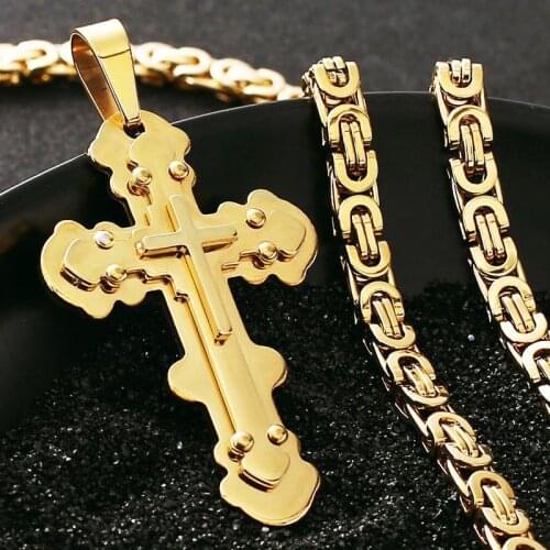 Orthodox 3 Layers Rivet Cross Pendant Necklace for Men Gold Color Stainless Steel Church Link Chain Necklace Prayer Jewelry Gift